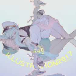 2017 2girls aqua_hair aqua_headwear aqua_skirt bandaid bandaid_on_leg covered_mouth feet_out_of_frame hair_between_eyes hat illustration.media mieze multiple_girls original pink_hair pleated_skirt shirt short_sleeves signature skirt white_headwear white_shirt white_skirt