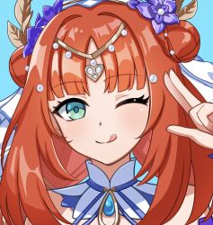 Rule 34 | 1girl, ;q, aqua eyes, circlet, closed mouth, commentary request, double bun, flower, genshin impact, hair bun, hair flower, hair ornament, hand up, highres, hobio, logo parody, long hair, looking at viewer, mihoyo icon parody, nilou (breeze of sabaa) (genshin impact), nilou (genshin impact), official alternate costume, one eye closed, parted bangs, purple flower, red hair, salute, solo, tongue, tongue out, two-finger salute