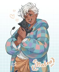 Rule 34 | 1boy, absurdres, animal, animal hug, artist name, baggy clothes, black cat, blue background, blush, cat, character name, coat, dark-skinned male, dark skin, date everything, gradient background, grid background, hair between eyes, heart, highres, hug, just tori, long sleeves, male focus, mateo (date everything), one eye closed, patchwork clothes, short hair, simple background, smile, thick eyebrows, upper body, white background, white hair