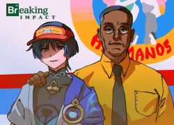 2boys alternate_universe anachronism aqua_gemstone aqua_kimono black_bodysuit black_eyes black_hair black_necktie blue_cape blunt_ends bodysuit breaking_bad breast_pocket bright_pupils brown_lips buzz_cut cape crossover dark_skin dress_shirt fenkko genshin_impact glasses gustavo_fring han&#039;eri hand_on_another&#039;s_shoulder hat highres japanese_clothes kimono layered_clothes layered_kimono male_focus mandarin_collar multiple_boys necktie open_clothes open_kimono parted_lips pocket red_hat scaramouche_(genshin_impact) shirt short_hair short_sleeves smile spanish_text upper_body very_short_hair vision_(genshin_impact) visor_cap wanderer_(genshin_impact) white_kimono white_mouth white_pupils white_sleeves white_trim yellow_shirt