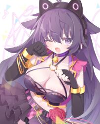 1girl ;d ahoge alternate_costume animal_ear_headphones animal_ears bell belt black_gloves black_skirt blush bracelet breasts cat_ear_headphones cat_ears cleavage collar crop_top elbow_gloves fake_animal_ears fang fingerless_gloves flower frilled_skirt frills gloves gold_trim hair_between_eyes headphones highres jewelry jingle_bell kerberos_blade large_breasts layered_skirt long_hair looking_at_viewer midriff multicolored_skirt musical_note navel neck_bell nekoyashiki_chimaki o-ring o-ring_top one_eye_closed open_mouth paw_pose pink_belt pink_vest purple_belt purple_eyes purple_hair purple_skirt purple_vest rose satoh_vrc simple_background skin_fang skirt smile solo thighhighs very_long_hair vest white_background