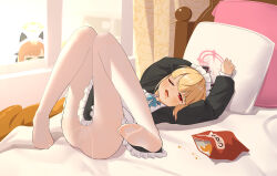._. 2girls ;d absurdres animal_ear_headphones animal_ears apron aqua_ribbon arm_behind_back arms_up bag_of_chips bed bedroom black_dress blonde_hair blue_archive blush cat_ear_headphones cat_ears chinese_commentary chips_(food) collared_dress crotch_seam curled_fingers curtains dot_nose dress fake_animal_ears feet feet_up food food_on_face frilled_dress frills full_body green_eyes green_halo half-closed_eye halo head_on_pillow head_tilt headphones highres indoors knees_together_feet_apart knees_up legs long_sleeves looking_at_viewer lying maid maid_apron maid_headdress marshal_(artist) medium_hair midori_(blue_archive) midori_(maid)_(blue_archive) momoi_(blue_archive) momoi_(maid)_(blue_archive) multiple_girls neck_ribbon no_shoes no_tail official_alternate_costume on_back on_bed one_eye_closed open_mouth paid_reward_available pantyhose peeking_out pillow pink_halo potato_chips presenting_foot print_curtains puffy_long_sleeves puffy_sleeves red_eyes ribbon see-through_clothes see-through_legwear shadow sidelocks smile soles solo_focus toes variant_set white_apron white_headdress white_pantyhose window