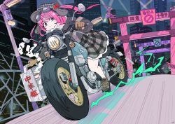 1girl black_eyes delivery eyewear_on_head food gloves hat highres holding jacket long_sleeves motor_vehicle motorcycle multiple_torii noodles on_motorcycle original outdoors pap86 pink_hair ramen riding road shoes skirt sneakers solo torii wheel