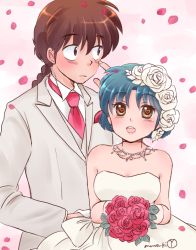 Rule 34 | dress, flower, hanamutsuki, heart, heart-shaped pupils, ranma 1/2, rose, saotome ranma, symbol-shaped pupils, tendou akane, tuxedo, wedding dress