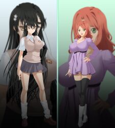 2girls black_hair breasts cosplay eleanor_hume green_eyes hand_on_own_hip highres large_breasts legs long_hair looking_at_viewer misaka_mikoto mugino_shizuri multiple_girls open_mouth red_hair smile tales_of_(series) tales_of_berseria thighs toaru_kagaku_no_railgun toaru_majutsu_no_index tongue velvet_crowe very_long_hair