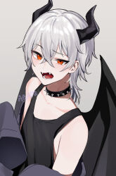1boy agamemega artist_name bare_shoulders black_tank_top choker collarbone demon_boy demon_horns demon_wings fangs grey_background hair_between_eyes highres horns jacket long_sleeves looking_at_viewer male_focus open_mouth original red_eyes short_hair simple_background sleeves_past_wrists solo spiked_choker spikes tank_top teeth tongue white_hair wings