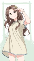 Rule 34 | 1girl, ariura kanna, blush, border, bracelet, brown hair, closed mouth, cowboy shot, dress, flower, hair flower, hair ornament, hand up, highres, idolmaster, idolmaster cinderella girls, jewelry, light smile, looking afar, looking to the side, looking up, parted bangs, solo, standing, tareme, unyon, v