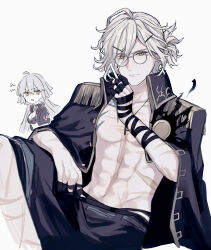1boy 1girl abs annoyed between_fingers bikini black_bikini black_jacket breasts cigarette cleavage edmond_dantes_(fate) edmond_dantes_(monte_cristo_selection)_(fate) epaulettes fate/grand_order fate_(series) glasses grey_hair hair_ornament hairclip highres holding jacket jacket_on_shoulders jeanne_d&#039;arc_alter_(fate) jeanne_d&#039;arc_alter_(swimsuit_berserker)_(fate) jewelry light_smile looking_at_viewer male_focus necklace no_headwear official_alternate_costume pectorals scar scar_on_chest simple_background solo_focus sumi_(gfgf_045) swimsuit white_background yellow_eyes