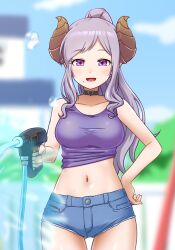 1girl :d absurdres alternate_costume bare_arms bare_shoulders blue_shorts blurry blurry_background breasts brown_horns choker collarbone commentary_request cowboy_shot day demon_horns denim denim_shorts gluteal_fold goriate grey_choker hand_on_own_hip heart heart_choker highres holding holding_hose honey_strap horns hose hose_nozzle light_blush long_hair long_sidelocks looking_at_viewer medium_breasts micro_shorts midriff mole mole_under_mouth nanashi_inc. navel no_tail open_mouth outdoors pointy_ears ponytail purple_eyes purple_hair purple_tank_top saionji_mary shorts sidelocks smile solo splashing spraying straight-on sweatdrop tank_top very_long_hair virtual_youtuber