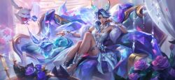 1girl ahri_(league_of_legends) animal_ears blue_flower blue_hair blue_rose breasts cleavage coach couch crystal_rose crystal_rose_ahri flower highres large_breasts league_of_legends league_of_legends:_wild_rift looking_at_viewer on_couch poro_(league_of_legends) rose solo spideraxe thigh_strap