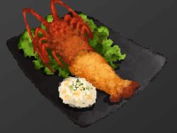Rule 34 | food, food focus, fried food, grated daikon, hisachan55cute, lettuce, lobster, no humans, original, pixel art, seafood, simple background, spring onion, still life