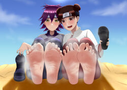 2girls absurdres ajisai_(naruto) barefoot blush brown_eyes brown_hair double_bun feet hair_bun highres looking_at_viewer medium_hair multiple_girls naruto_(series) open_mouth purple_hair shoes soles steam sweat tatsueater tenten_(naruto) toes unworn_shoes yellow_eyes