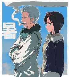Rule 34 | 1boy, 1girl, black hair, blue jacket, breasts, brown gloves, bullfalk, cigar, closed mouth, collared shirt, crossed arms, frown, fur-trimmed jacket, fur trim, gloves, green shirt, grey hair, hawaiian shirt, highres, jacket, medium breasts, mouth hold, one piece, open clothes, open jacket, open mouth, shirt, short hair, smoke, smoker (one piece), smoking, sweat, tashigi, teeth, translation request, tsurime, upper body, very short hair, white jacket