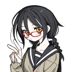 1girl bent_v black_hair black_sailor_collar blush braid brown_sweater closed_mouth collarbone glasses hand_up kokaki_mumose long_hair long_sleeves low_twin_braids null-meta red-framed_eyewear sailor_collar simple_background solo souen_chiaki sweater twin_braids upper_body v white_background yellow_eyes