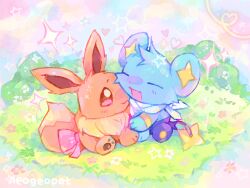 animal_couple animal_focus artist_name blue_fur bow brown_fur cat closed_eyes colorful commentary couple eevee english_commentary gen_1_pokemon gen_4_pokemon grass heart hue_shifting hug looking_at_another neckerchief neogeopet nintendo no_humans open_mouth outdoors pink_bow pokemon pokemon_(creature) pokemon_focus pokemon_mystery_dungeon redrawn shinx sitting smile sparkle tail tail_bow tail_ornament white_neckerchief yume_kawaii