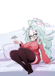 Rule 34 | 1girl, absurdres, bed, black thighhighs, blue archive, breasts, covered erect nipples, glasses, hair ornament, hairclip, highres, knees up, large breasts, light blush, long hair, looking at viewer, mabufuyo, meru (blue archive), on bed, oppai loli, ponytail, simple background, sitting, sweater, thick thighs, thighhighs, thighs, waving hands, white background