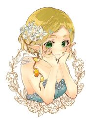 1girl artist_name bare_shoulders braid breasts closed_mouth crown_braid dress flower food-themed_hair_ornament green_eyes grey_dress hair_flower hair_ornament hairclip hands_on_own_cheeks hands_on_own_face light_blush medium_breasts multicolored_nails nail_polish ne_muno_ki nintendo orange-shaped_ornament orange_hair_ornament parted_bangs portrait princess_zelda short_hair sidelocks smile solo strapless strapless_dress the_legend_of_zelda the_legend_of_zelda:_breath_of_the_wild the_legend_of_zelda:_tears_of_the_kingdom thick_eyebrows upper_body white_background white_flower