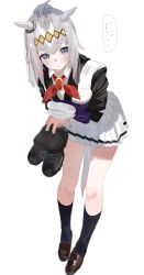 1girl absurdres ahoge animal_ears black_socks blue_eyes blush bow bowtie brown_shoes closed_mouth collared_shirt commentary ear_ornament full_body grey_hair ha_(hura76752775) hair_ornament highres holding holding_shoes horse_ears horse_girl horse_tail kasamatsu_tracen_school_uniform loafers long_hair looking_at_viewer multicolored_hair oguri_cap_(umamusume) ponytail red_bow red_bowtie school_uniform shirt shoes simple_background skirt socks solo standing streaked_hair tail translated umamusume umamusume:_cinderella_gray white_background white_hair white_shirt white_skirt