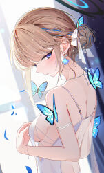Rule 34 | 1girl, absurdres, armlet, blonde hair, blue archive, blue butterfly, blue eyes, breasts, bug, butterfly, dress, earrings, flower earrings, from side, hair bun, highres, insect, jewelry, looking at viewer, medium breasts, multicolored hair, necklace, parted lips, sideboob, sikimosh, solo, streaked hair, toki (blue archive), upper body, white dress, window