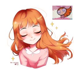 1girl absurdres blossom_(ppg) blunt_bangs blush buttercup_redraw_challenge_(meme) closed_eyes cropped_torso derivative_work facing_viewer highres long_hair meme orange_hair pajamas pink_pajamas powerpuff_girls pr_ponnyan reference_inset screenshot_inset screenshot_redraw solo sparkle white_background