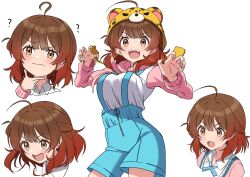 1girl ? ahoge animal_hat blue_ribbon blue_shorts blush breasts brown_eyes brown_hair carnation claw_pose closed_mouth dot_nose flower gakuen_idolmaster gradient_hair hair_bun hanami_ume hand_on_own_chin hat hatsuboshi_gakuen_school_uniform highres hood hood_down hoodie idolmaster large_breasts long_sleeves looking_at_viewer multicolored_hair multiple_views neck_ribbon open_mouth osoba_susurukun pink_carnation pink_flower pink_hoodie pink_ribbon ribbon school_uniform shirt short_hair shorts simple_background suspender_shorts suspenders teeth upper_teeth_only v-shaped_eyebrows wavy_mouth white_background white_shirt zipper zipper_pull_tab