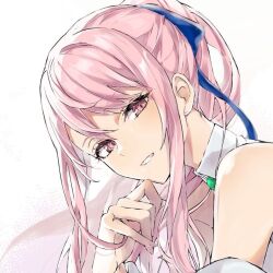 1other akiyama_mizuki aya_takacha blue_ribbon bow finger_to_mouth gem hair_ribbon kaitou_shinshi_no_harahara!?_white_day_(project_sekai) knight light_smile long_hair official_alternate_costume official_alternate_hairstyle open_mouth pink_eyes pink_hair ponytail project_sekai ribbon simple_background smile solo white_background