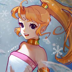 1girl armlet artist_name bare_shoulders breasts chrono_trigger dress fumezu1 grey_background high_ponytail highres jewelry long_hair looking_at_viewer marle_(chrono_trigger) neck_ribbon open_mouth orange_hair parted_bangs ponytail portrait ribbon sidelocks small_breasts smile snowflakes solo strapless strapless_dress teeth tube_dress upper_body upper_teeth_only white_dress