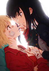 2girls absurdres backlighting bandage_on_face bandaged_hand bandages bandaid bandaid_on_face bandaid_on_neck bandaid_on_nose black_hair blood bra closed_mouth commentary english_commentary eye_contact hand_on_another&#039;s_face highres himmel_(keine_haare) holding_another&#039;s_wrist holding_hands inoue_takina long_hair looking_at_another lycoris_recoil lycoris_uniform multiple_girls nishikigi_chisato parted_lips purple_eyes red_bra red_eyes red_shirt shirt simple_background smile tears underwear white_background yuri