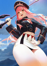 1girl black_jacket blue_sky breasts cloud day fate/grand_order fate_(series) gloves hand_on_own_hip hat highres holding holding_riding_crop iamc95 jacket long_hair long_sleeves looking_at_viewer medb_(fate) medium_breasts midriff miniskirt open_mouth orange_eyes outdoors pink_hair riding_crop skirt sky smile solo