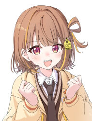 1girl blush brown_hair brown_necktie highres hood hoodie looking_at_viewer medium_hair multicolored_hair necktie open_mouth orange_eyes orange_hair sendo_yuuhi sendo_yuuhi_(1st_costume) shirt solo streaked_hair sweater_vest teeth touri_tarou_(misconception) two-tone_hair upper_teeth_only virtual_youtuber vspo! white_background white_shirt