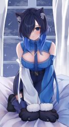 1girl absurdres all_fours alternate_hairstyle animal_ears animal_hands asymmetrical_bangs asymmetrical_sleeves bare_shoulders black_hair black_pants blue_eyes blue_hair blue_necktie blue_sleeves blush breasts breasts_squeezed_together cat_ears cleavage_cutout clothing_cutout collared_shirt colored_inner_hair colored_tips commentary curtains detached_pants detached_sleeves embarrassed gloves hair_intakes hair_over_one_eye highres hololive hololive_english kemonomimi_mode kneeling large_breasts long_hair looking_at_viewer meteor_shower mismatched_sleeves multicolored_hair necktie nervous_smile night night_sky no_shoes official_alternate_costume on_bed ouro_kronii ouro_kronii_(4th_costume) pants paw_gloves raised_inner_eyebrows shirt shooting_star sidelocks sky sleeveless sleeveless_shirt smile solo sui1k0 v_arms virtual_youtuber white_sleeves window wolf_cut