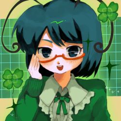 1girl absurdres adjusting_eyewear alternate_costume antennae bespectacled blush bow bowtie cardigan chabashira_ryouko clover collared_shirt commentary_request fingernails four-leaf_clover frilled_shirt_collar frills glasses green_background green_bow green_bowtie green_cardigan green_eyes green_hair highres long_sleeves looking_at_viewer open_mouth red-framed_eyewear semi-rimless_eyewear shirt short_hair solo touhou under-rim_eyewear upper_body white_shirt wriggle_nightbug