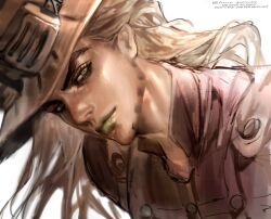 1boy attra_gonnadie beard blonde_hair brown_hat brown_theme closed_mouth commentary cowboy_hat english_commentary facial_hair goggles goggles_on_headwear green_eyes green_lips gyro_zeppeli hat high_collar highres jojo_no_kimyou_na_bouken long_hair looking_at_viewer makeup male_focus portrait purple_shirt shirt solo steel_ball_run upper_body white_background