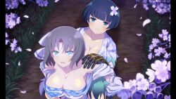 2girls absurdres blue_bra blue_eyes blue_flower blue_hair blue_petals bow bra breasts cleavage falling_petals floral_print floral_print_kimono flower game_cg gauntlets grass green_kimono grey_hair hair_bow hair_flower hair_ornament hand_on_another&#039;s_shoulder highres japanese_clothes kimono large_breasts light_smile medium_hair multiple_girls non-web_source official_art open_mouth outdoors petals pillarboxed print_kimono scratches senran_kagura senran_kagura_burst senran_kagura_burst_re:newal short_hair torn_clothes underwear white_bow white_kimono yaegashi_nan yozakura_(senran_kagura) yumi_(senran_kagura)