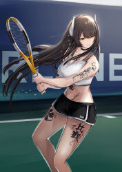 1girl absurdres azur_lane baltimore_(azur_lane) baltimore_(azur_lane)_(cosplay) baltimore_(black_ace)_(azur_lane) bare_shoulders black_hair black_shorts breasts chest_tattoo choker cleavage collarbone commentary_request commission cosplay flower_tattoo groin hiei_(azur_lane) highres holding holding_racket horns large_breasts leg_tattoo long_hair midriff navel outdoors parted_lips pixiv_commission racket sakura_empire_(emblem) satsukitou short_shorts shorts sidelocks solo sports_bra sportswear standing stomach_tattoo sweat tattoo tennis tennis_court tennis_racket tennis_uniform water_drop white_sports_bra yellow_eyes