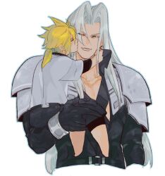 2boys age_difference armor black_coat black_gloves black_shorts blonde_hair blue_outline blush bracer carrying carrying_person chest_strap closed_eyes cloud_strife coat cropped_legs cropped_torso final_fantasy final_fantasy_vii final_fantasy_vii_remake furrowed_brow gloves green_eyes grey_hair hair_intakes hand_up highres kiss kissing_cheek light_smile long_coat long_hair long_sleeves looking_at_another low_ponytail male_focus multiple_boys one_eye_closed onii-shota outline parted_bangs pauldrons ponytail sephiroth shirt short_sleeves shorts shoulder_armor simple_background slit_pupils spiked_hair t-shirt takaraxiao time_paradox toned toned_male very_long_hair white_background white_shirt yaoi