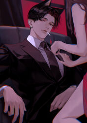 1boy 1girl absurdres aegyo_sal animal_ears back black_eyes black_hair black_jacket black_necktie black_suit brown_hair cat_ears cigarette couch earrings formal_clothes hand_on_another&#039;s_chest highres jacket jewelry long_hair looking_at_viewer male_focus necktie nose on_couch original parted_bangs parted_lips shirt short_hair sitting suit toscana20460423 white_shirt