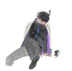 1boy absurdres asymmetrical_horns belt black_belt black_hair black_horns black_shirt black_shoes blue_necktie blue_socks breast_pocket cape dress_shoes ear_piercing earrings gold_trim grey_pants highres horns jewelry lapels looking_at_another male_focus multiple_earrings multiple_rings necktie nijisanji nijisanji_en notched_lapels o-ring pants piercing plaid_clothes plaid_pants pocket ren_zotto renvader_(ren_zotto) ring shirt shoes short_hair simple_background sitting socks solo two-sided_cape two-sided_fabric uneven_horns virtual_youtuber white_background white_cape wing_collar yuigacyako