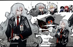 1other 2boys 4girls ahab_(project_moon) aislan alternate_universe black_hair black_jacket chibi collared_shirt dante_(limbus_company) demian_(project_moon) dongbaek_(project_moon) grey_hair jacket kromer_(project_moon) limbus_company long_hair multiple_boys multiple_girls necktie pink_hair project_moon red_necktie shirt smoking vergilius_(project_moon) white_hair white_shirt yuri_(project_moon)