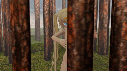 1girl 3d alice blonde_hair blue_eyes female_focus forest highres nature nude outdoors plant solo