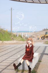 1girl :d black_socks blue_sky brown_shoes commentary_request day doodle_inset flower_symbol full_body gim_(gim-gim-3919) hair_ornament hanamiya_nina_(style) hasu_no_sora_school_uniform highres hinoshita_kaho kneehighs link!_like!_love_live! loafers looking_up love_live! mixed_media momose_ginko notice_lines open_mouth orange_hair otomune_kozue outdoors photo_background rabbit_hair_ornament school_uniform shoes sitting sky smile socks solo two_side_up utility_pole virtual_youtuber