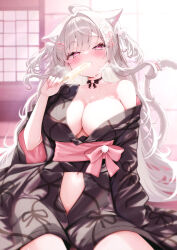 1girl absurdres ahoge animal_ears black_kimono blush bow breasts breath cat_ears cat_girl cat_tail cleavage commission flower food food_in_mouth grey_hair hair_bow hair_flower hair_ornament highres holding holding_food holding_popsicle indie_virtual_youtuber japanese_clothes kimono large_breasts long_hair pink_eyes popsicle skeb_commission solo sweatdrop tail two_side_up uise_iu virtual_youtuber white_bow white_flower yu_lei