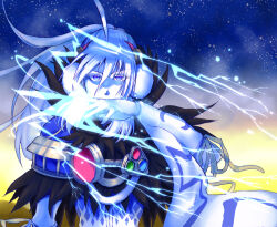 1boy ahoge argyle_clothes argyle_shirt blue_theme commentary_request detached_sleeves electricity electrokinesis fur_collar hand_up long_hair looking_at_viewer magic male_focus ragnarok_online sky solo sorcerer_(ragnarok_online) star_(sky) starry_sky upper_body wind yukimushi