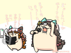 Rule 34 | animal ears, arm up, beret, blush stickers, bow, braid, brown background, brown hair, closed eyes, corded phone, goma (gomasamune), hair bobbles, hair bow, hair ornament, hat, highres, hokko tarumae (umamusume), holding, holding microphone, holding phone, horse ears, horse tail, long hair, low twintails, microphone, multicolored hair, open mouth, phone, standing, star (symbol), star hair ornament, still in love (umamusume), striped bow, tail, translation request, twin braids, twintails, twitter username, two-tone background, two-tone hair, umamusume, veil, very long hair, white background, white hair, white hat