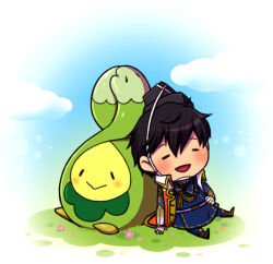 Rule 34 | back-to-back, black hair, budew, chibi, closed eyes, flower, gen 4 pokemon, japanese clothes, mouri motonari, mouri motonari (sengoku musou), nintendo, pokemon, pokemon conquest, sengoku musou, sitting, sky, smile