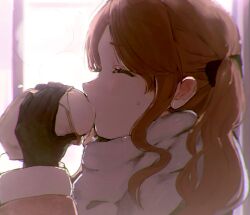 1girl amagami steamed_bun black_gloves brown_hair close-up closed_mouth eating food gloves highres holding holding_food long_hair long_sleeves nakata_sae portrait profile solo tenpanco twintails