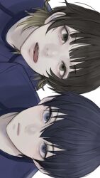 2boys bachira_meguru black_hair blonde_hair blue_eyes blue_hair blue_lock blue_shirt colored_inner_hair expressionless hair_between_eyes highres isagi_yoichi looking_at_viewer male_focus multicolored_hair multiple_boys open_mouth shirt short_hair sideways simple_background tongue tongue_out two-tone_hair uyumint white_background yellow_eyes