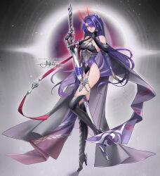 1girl acheron_(honkai:_star_rail) alternate_costume artist_name bare_shoulders black_boots black_gloves black_hole black_horns black_veil boots breasts bridal_veil character_name cleavage criss-cross_halter detached_sleeves earrings full_body gloves gradient_horns hair_ornament hair_over_one_eye halterneck high_heel_boots high_heels highleg highleg_leotard highres holding holding_sword holding_weapon honkai:_star_rail honkai_(series) horns instagram_logo jewelry katana leg_up leotard long_hair looking_at_viewer multicolored_hair multicolored_horns parent:8308574 parted_lips patreon_logo princess_ailish purple_eyes purple_hair red_horns scabbard sheath signature solo standing standing_on_one_leg streaked_hair sword thighs twitter_logo typo veil watermark weapon