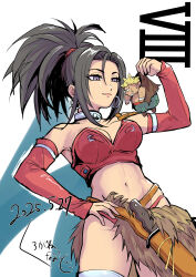 1boy 1girl 2025 absurdres aqua_pants bare_shoulders belt breasts brown_hair brown_vest bustier chibi choker cleavage clenched_teeth commentary_request cowboy_shot cross_scar dated detached_sleeves dragon_quest dragon_quest_viii earrings highres holding_chibi hoop_earrings jewelry knife knife_sheath kurogane_naoto_(churushiko) medium_breasts midriff navel o-ring o-ring_choker panties pants parted_bangs pelt ponytail profile purple_eyes red_(dq8) red_bustier red_panties red_sleeves scar sheath silver_earrings spiked_hair spiked_helmet teeth thighhighs underwear vest white_thighhighs yangus