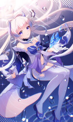 1girl absurdres bare_shoulders blush bow-shaped_hair breasts closed_mouth detached_collar detached_sleeves genshin_impact gloves highres horns hydro_symbol_(genshin_impact) japanese_clothes long_hair long_sleeves looking_at_viewer medium_breasts mina_(minaleafeon_c) navel pink_hair priestess sangonomiya_kokomi shorts smile solo stomach thighhighs twitter_username underwater vision_(genshin_impact) white_gloves white_thighhighs wide_sleeves
